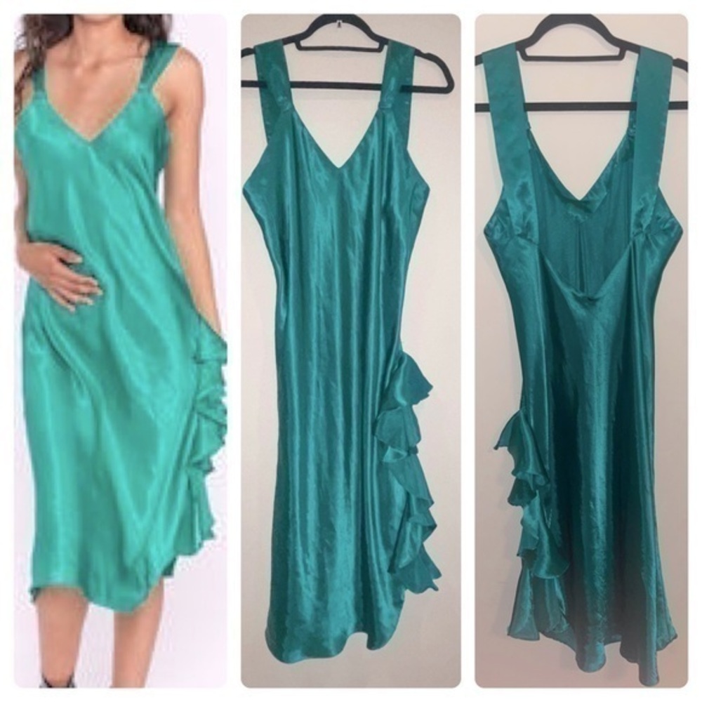 Vintage VS Gold Label Emerald Slip Gown Dress Side Slit Ruffle RARE item